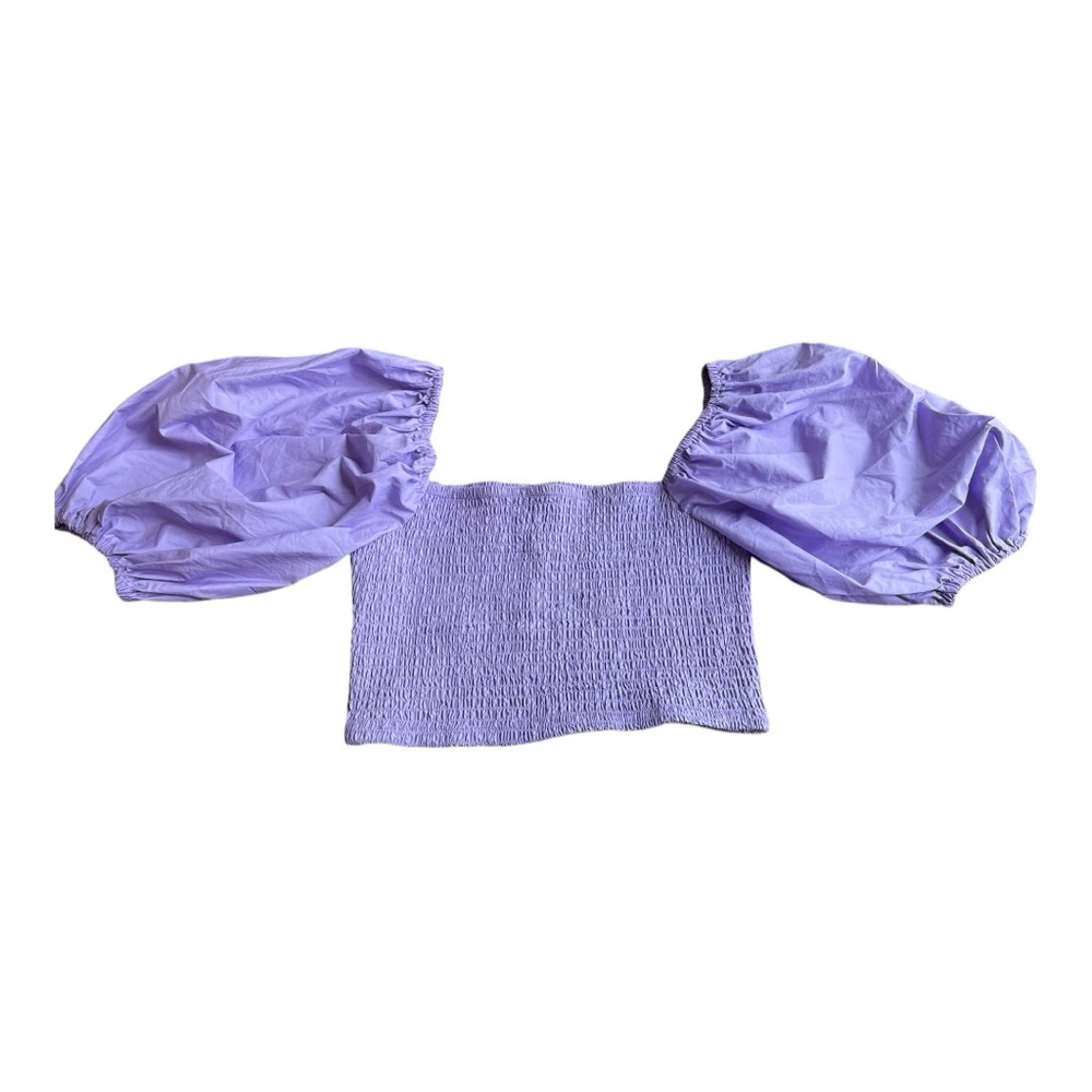 Smocked crop top puff sleeve square neck off shoulder lilac lavender Spring Sz L